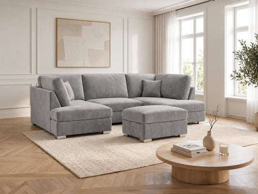 Light grey U-shaped plush velvet sofa by Gamzo Outlet, modern Cinema-style design with comfortable seating.