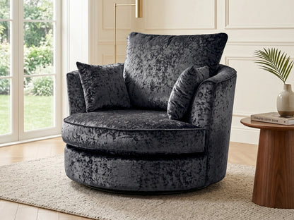 Midnight black crushed velvet swivel corner sofa chair by Gamzo Outlet, showcasing plush fabric and modern design.