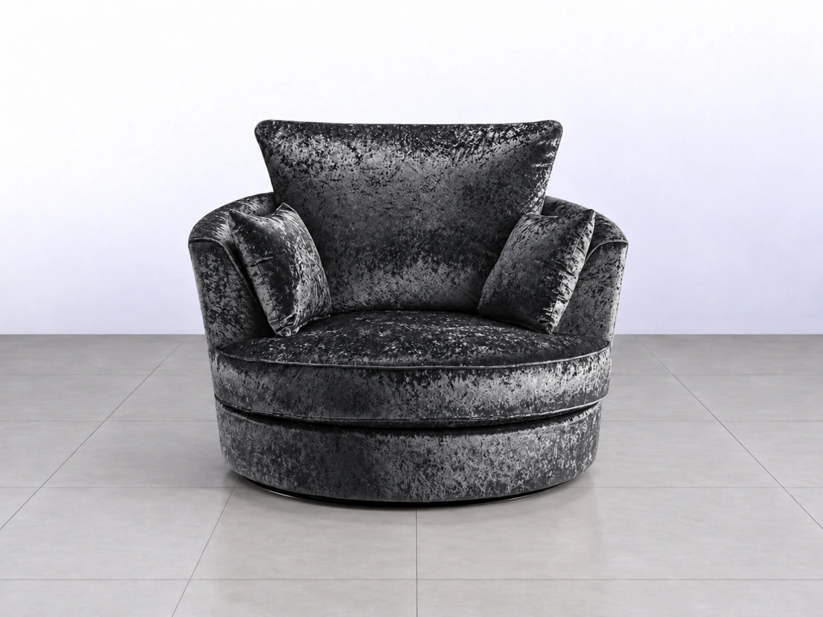 Midnight black crushed velvet swivel corner chair by Gamzo Outlet, showcasing a plush, modern design with a rounded shape and soft fabric.