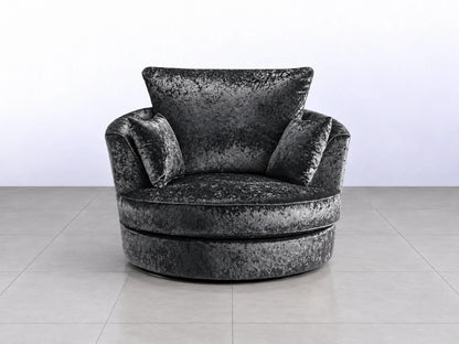 Midnight black crushed velvet swivel corner chair by Gamzo Outlet, showcasing a plush, modern design with a rounded shape and soft fabric.