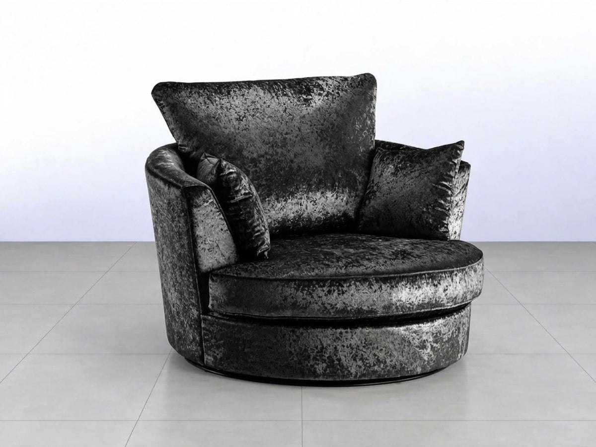 Midnight black crushed velvet swivel corner chair from Gamzo Outlet, featuring plush upholstery and modern design.