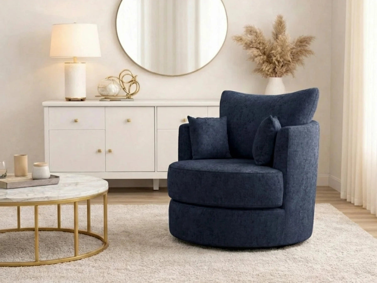 Midnight blue Gamzo Outlet Alaska Fabric Swivel Chair with cushioned seat and backrest, modern design for living room or office use.