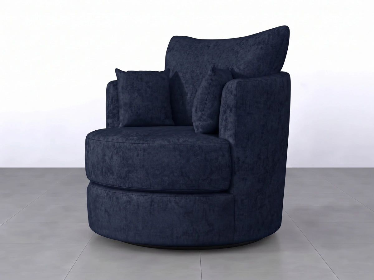 Midnight blue Gamzo Outlet Alaska fabric swivel chair with a modern design and cushioned seat, ideal for living rooms or offices.