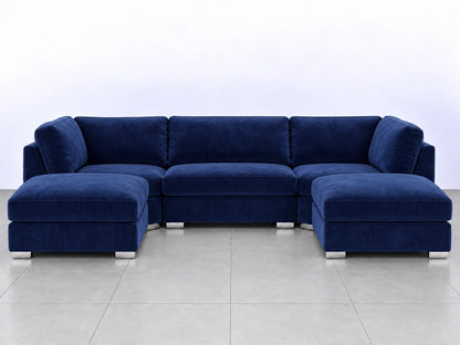 Midnight blue U-shaped sofa by Gamzo Outlet, showcasing plush cushions and modern design for comfortable seating.