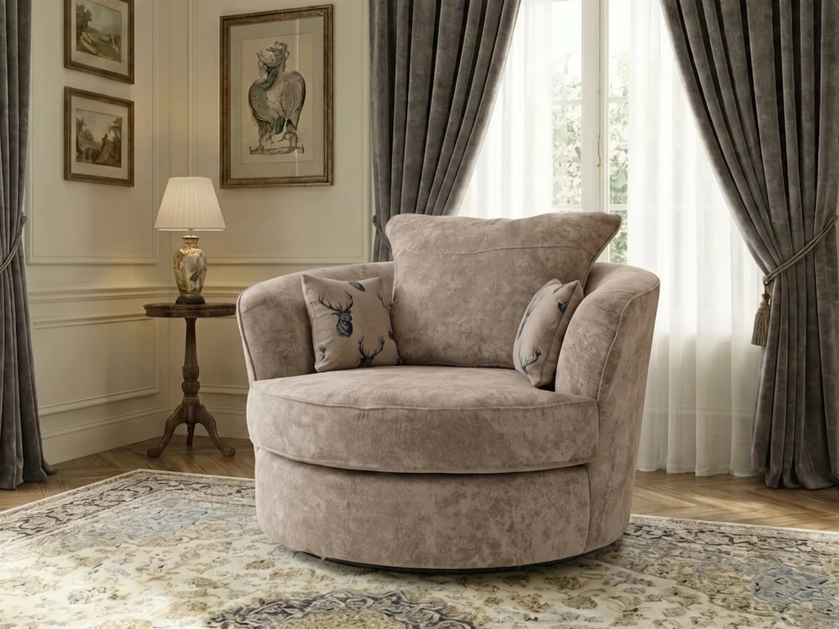 Gamzo Outlet Verona Grey Swivel Corner Chair with plush upholstery and modern design, shown in a cozy living room setting.