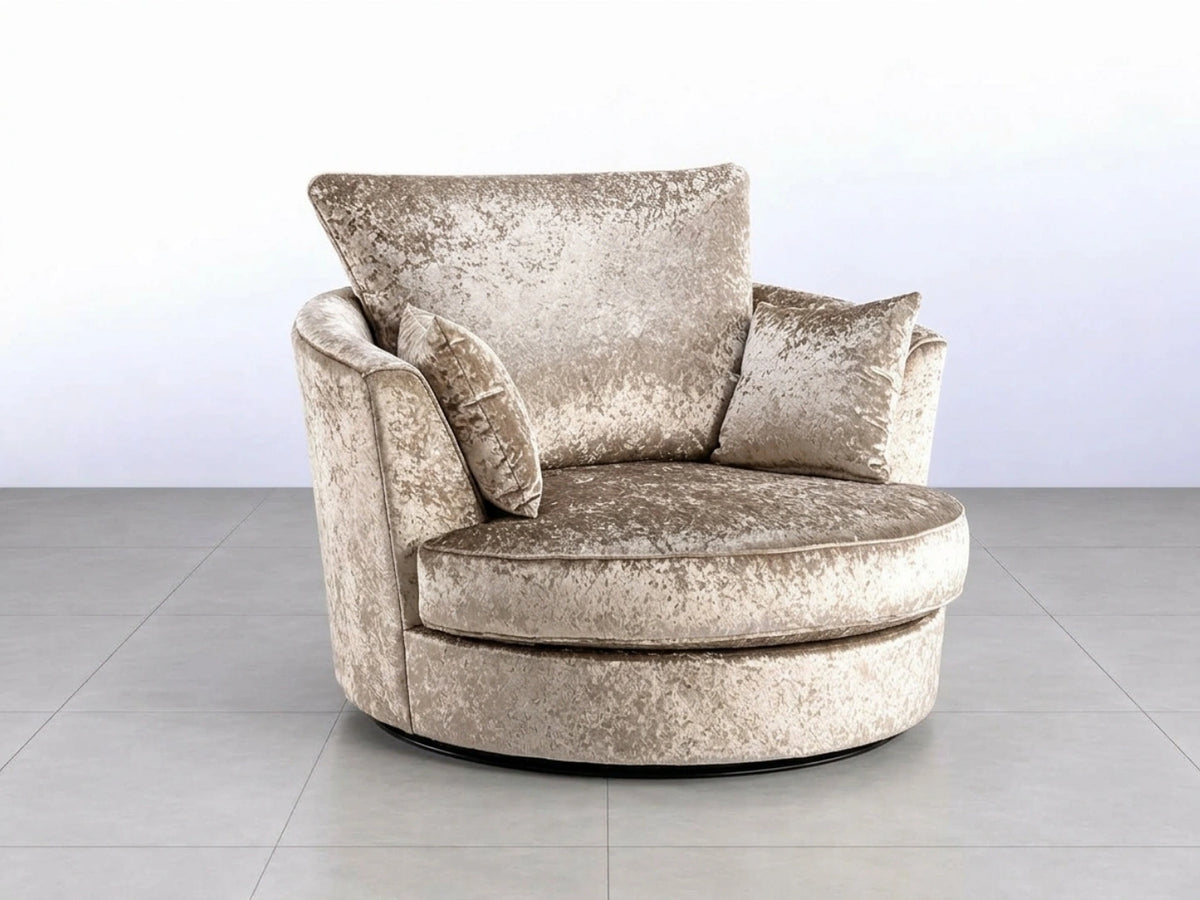 Misty mink crushed velvet swivel corner chair from Gamzo Outlet with plush upholstery and modern design.