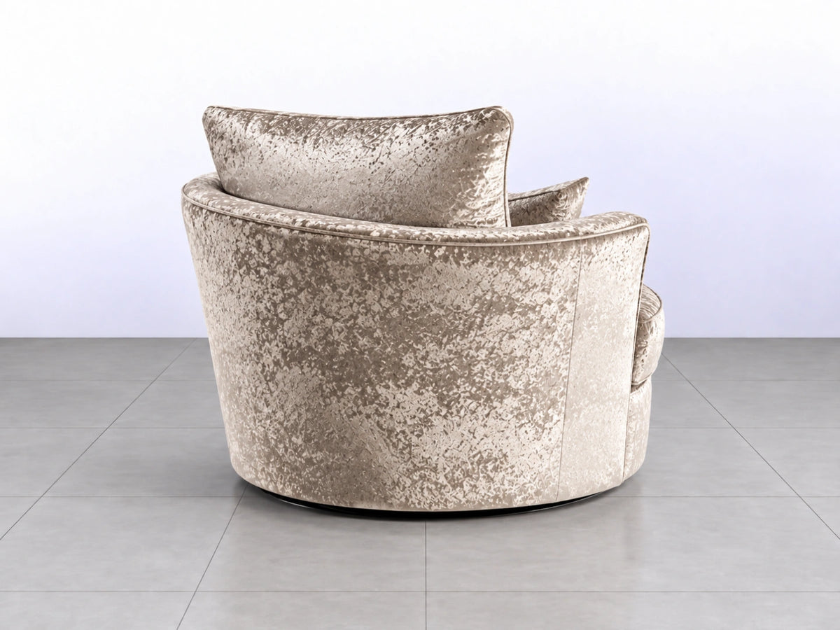 Gamzo Outlet crushed velvet swivel corner chair in Misty Mink with plush upholstery and modern design.