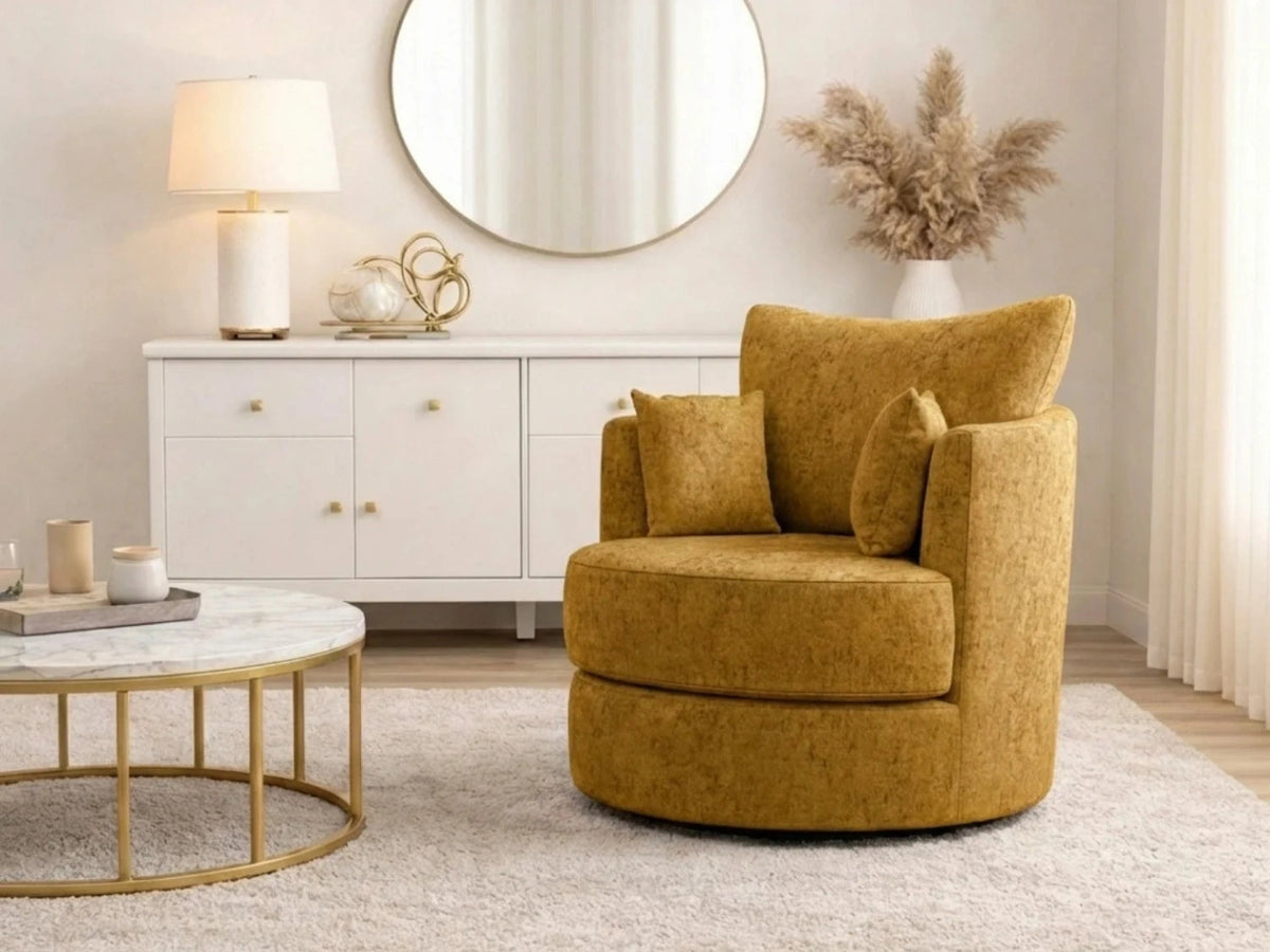 Mustard Gamzo Outlet Alaska Fabric Swivel Chair with cushioned seat and backrest, stylish and comfortable for modern living spaces.