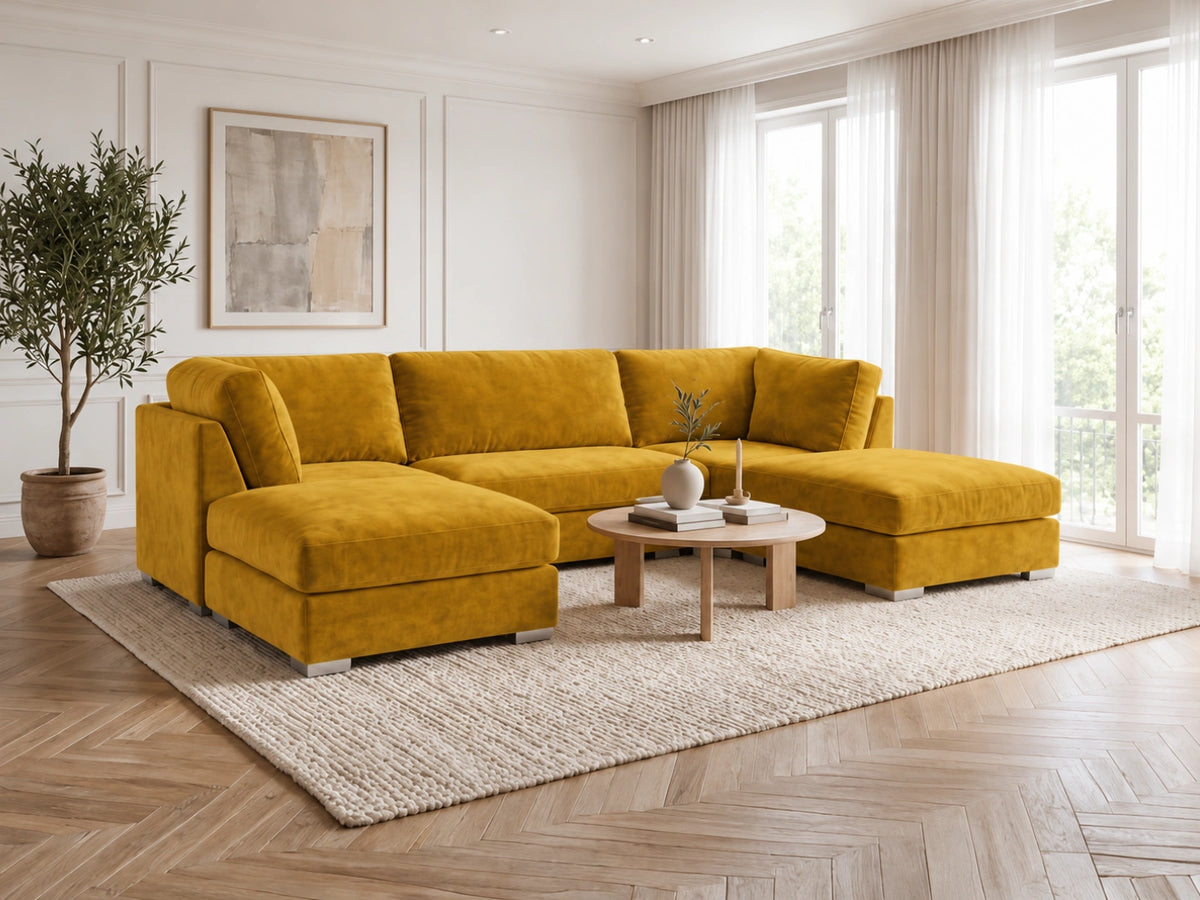 Mustard U-shaped sofa by Gamzo Outlet, featuring cushioned upholstery and a modern U design for living room comfort.
