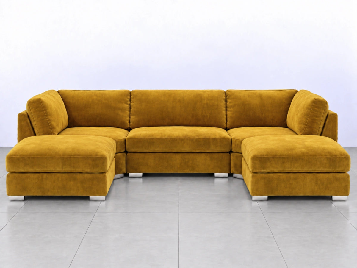 Mustard U-shaped sofa by Gamzo Outlet, featuring plush upholstery and modern design, shown from a front angle.