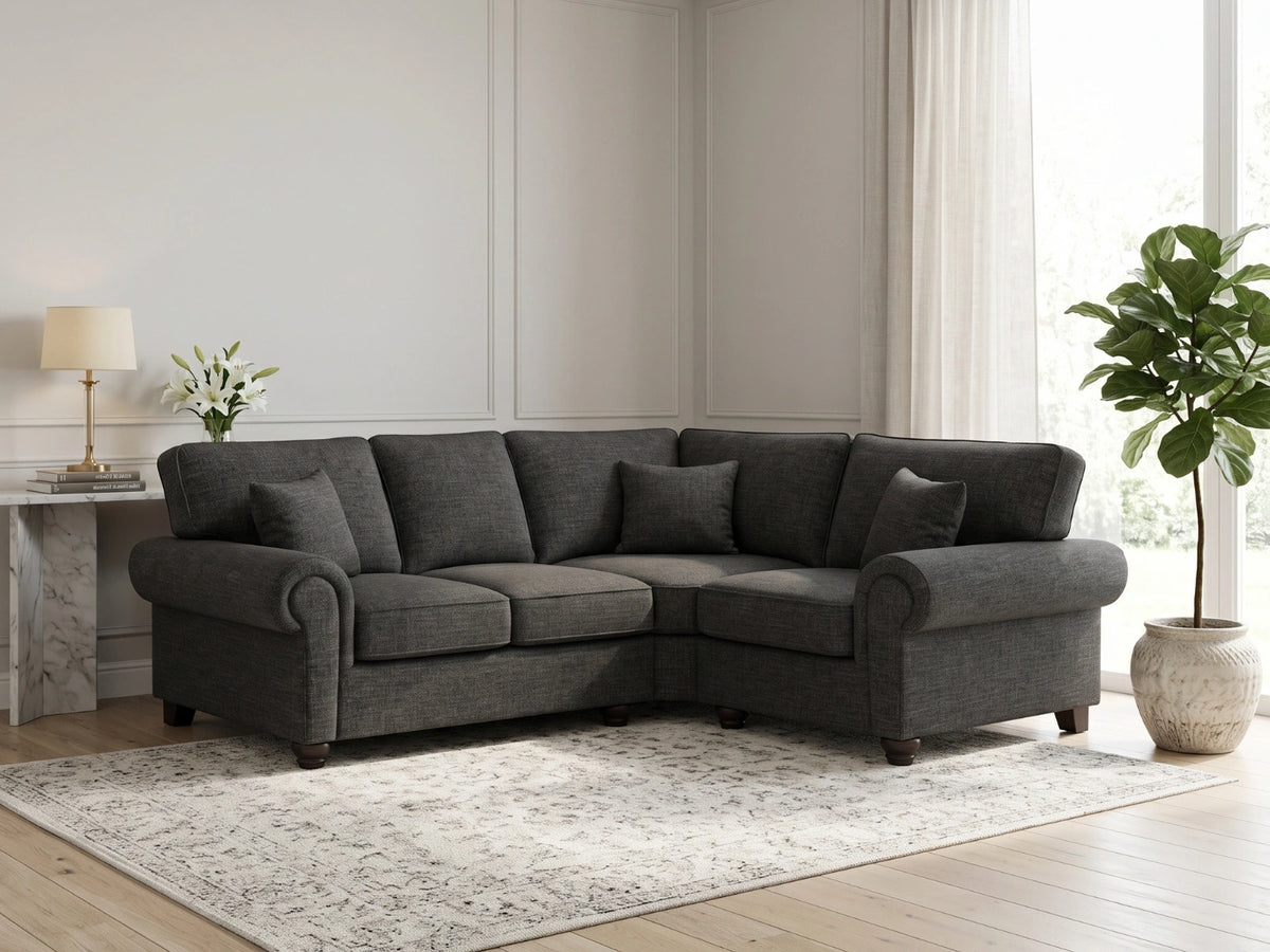 Grey Wilcot fabric L-shaped sofa by Gamzo Outlet, showing the right-hand sectional with plush cushions and modern design.