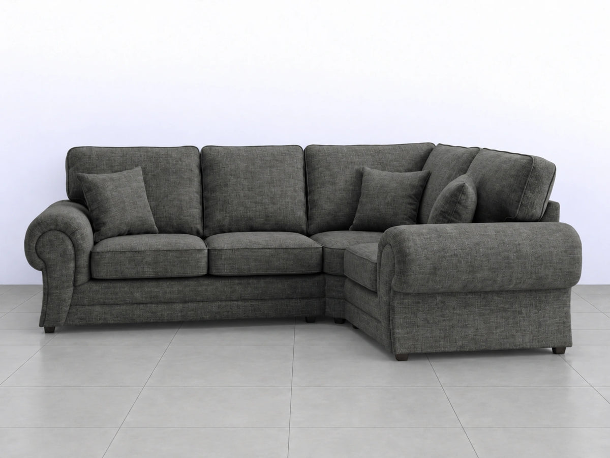 Right-side view of the grey Wilcot fabric L-shaped sofa by Gamzo Outlet, showcasing plush cushions and modern design.