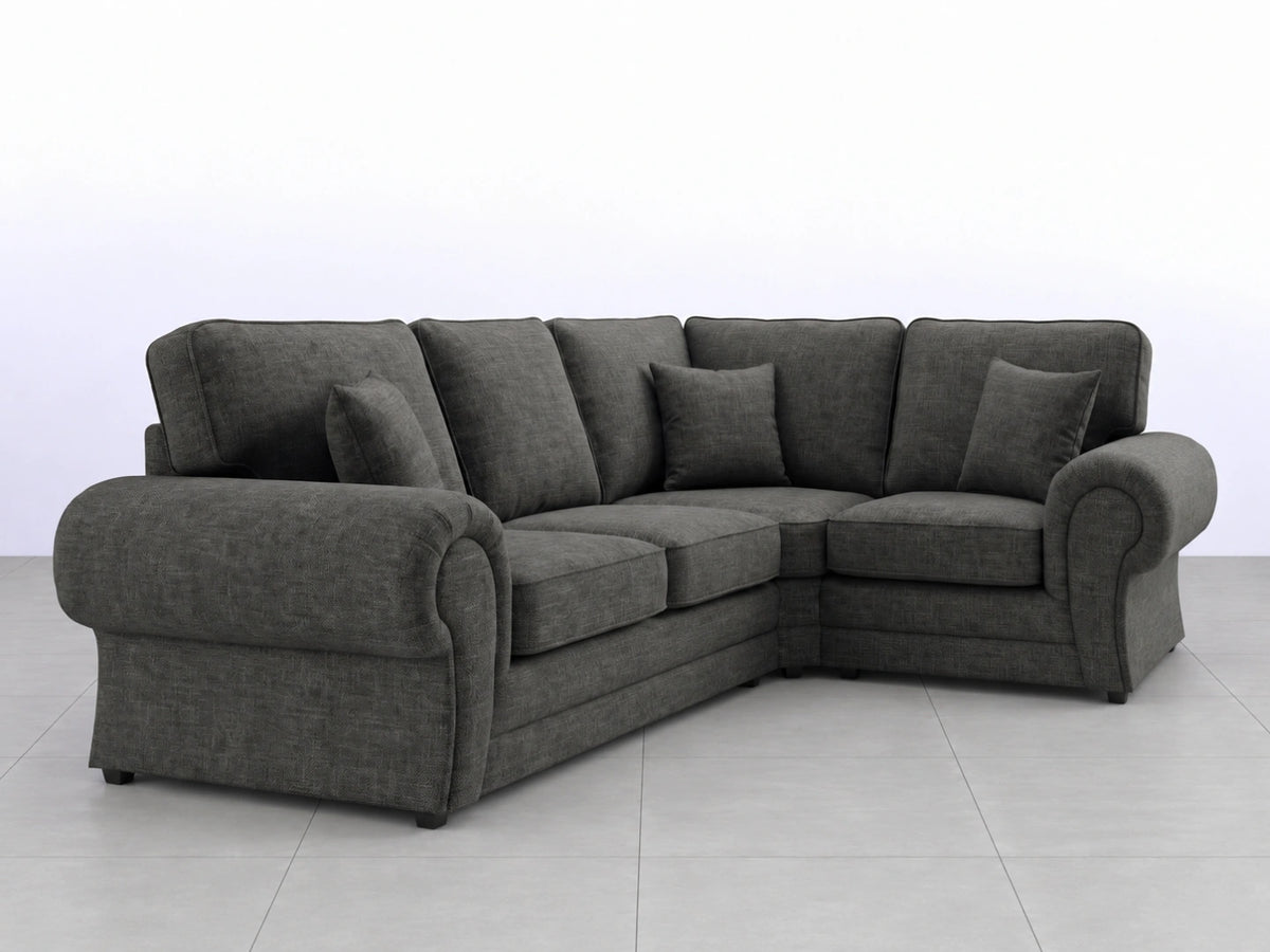 Right-side view of the grey Wilcot fabric L-shaped sofa by Gamzo Outlet, showcasing plush cushions and modern design.