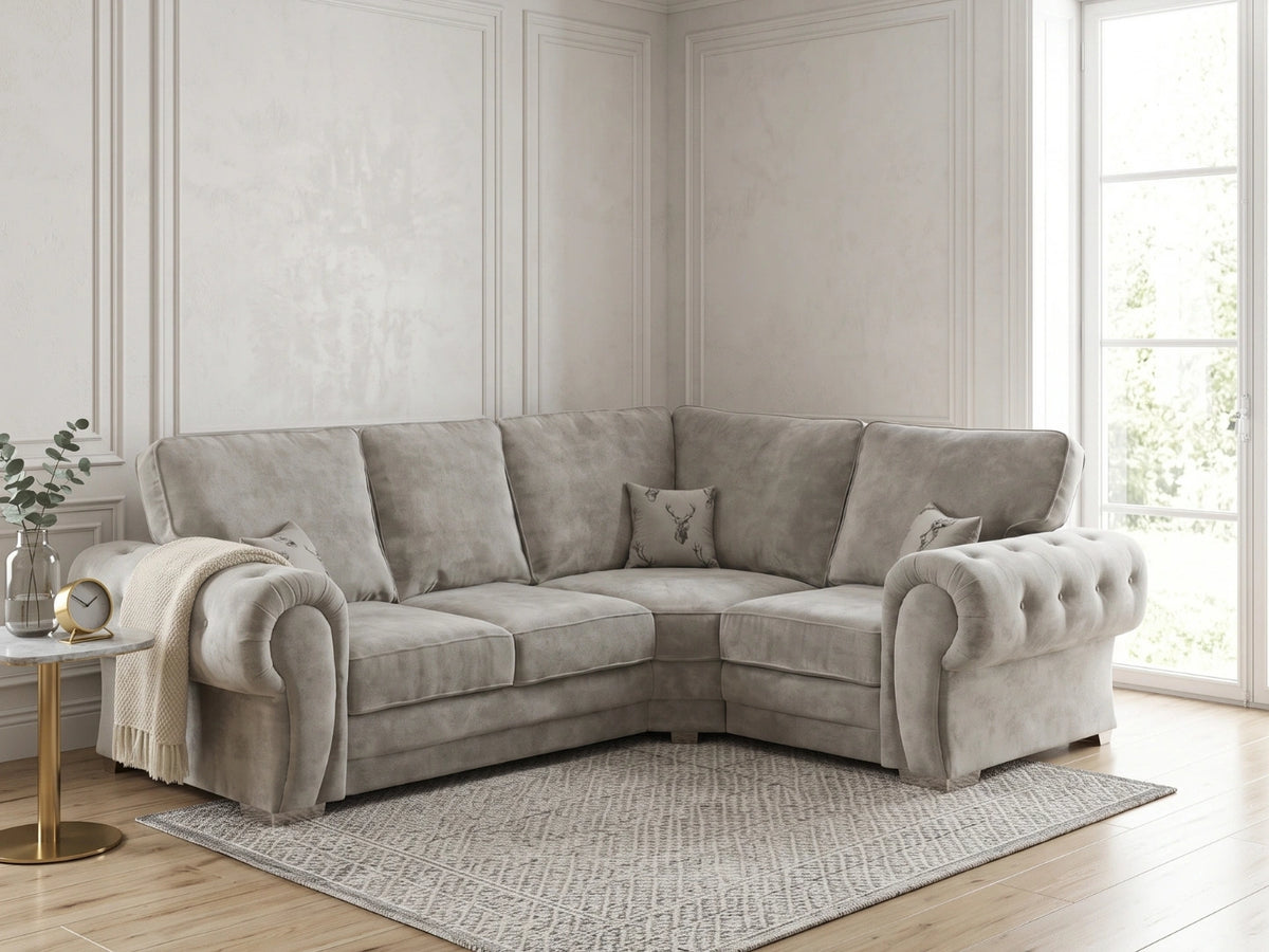 Light grey Verona full back L-shape sofa by Gamzo Outlet, showing the right-hand side with plush cushions and modern design.
