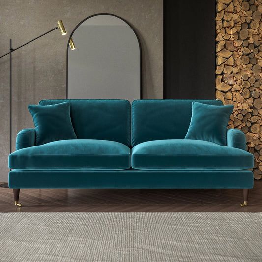 Gamzo Outlet Payton Velvet Sofa in deep blue with plush cushions and sleek modern design, shown from front view.