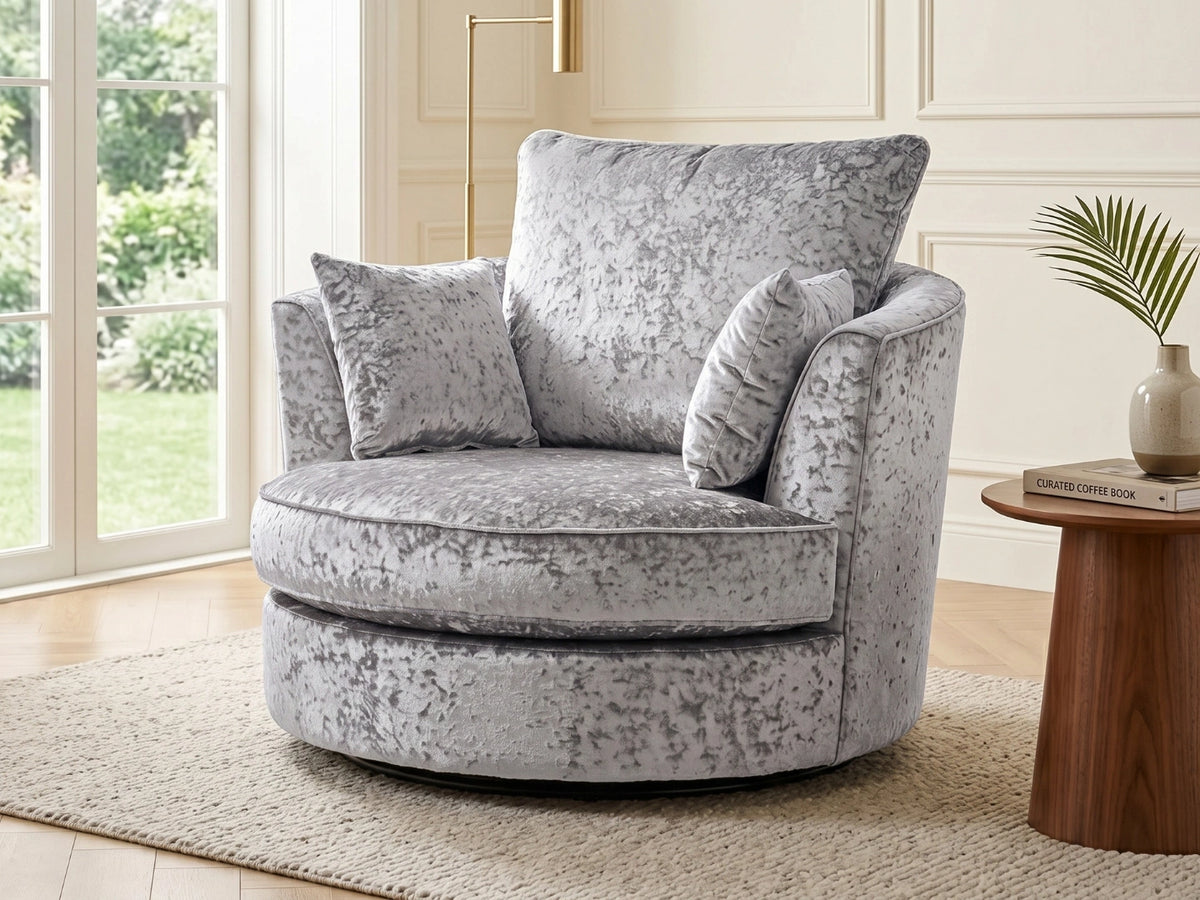 Silver crushed velvet swivel corner chair from Gamzo Outlet featuring plush upholstery and a modern, stylish design.