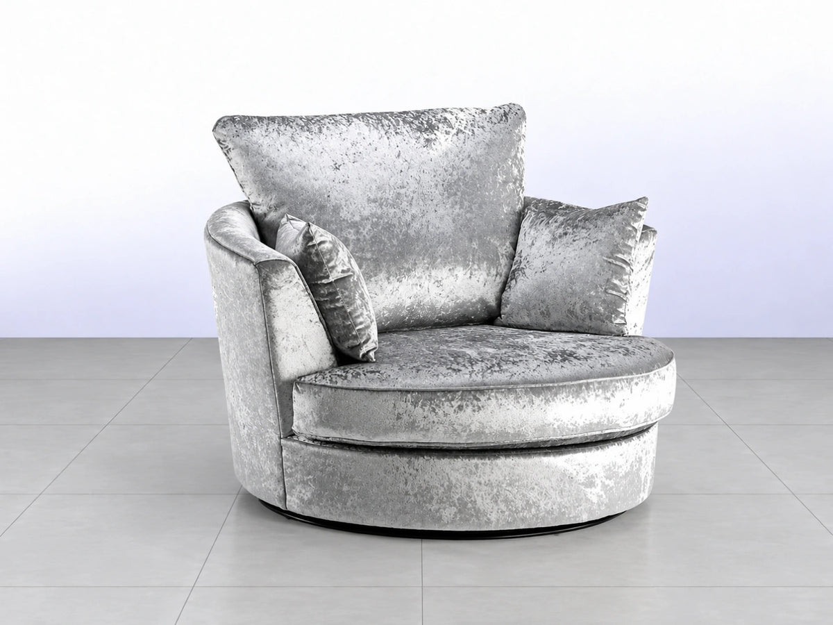 Silver crushed velvet swivel corner chair with a plush, modern design from Gamzo Outlet, featuring a sleek silver finish and comfortable seating.