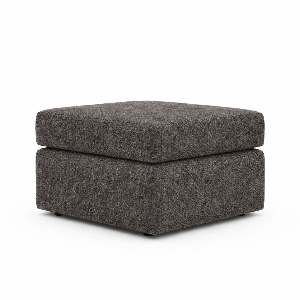 Gamzo Outlet boucle fabric footstool in slate color, showcasing a cozy, textured upholstered footrest with wooden legs.