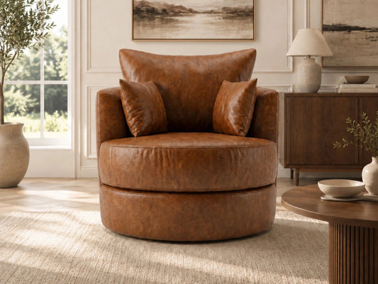 Brown Dillon leather swivel chair by Gamzo Outlet, featuring a comfortable, modern sofa design with a plush seat and stylish armrests.