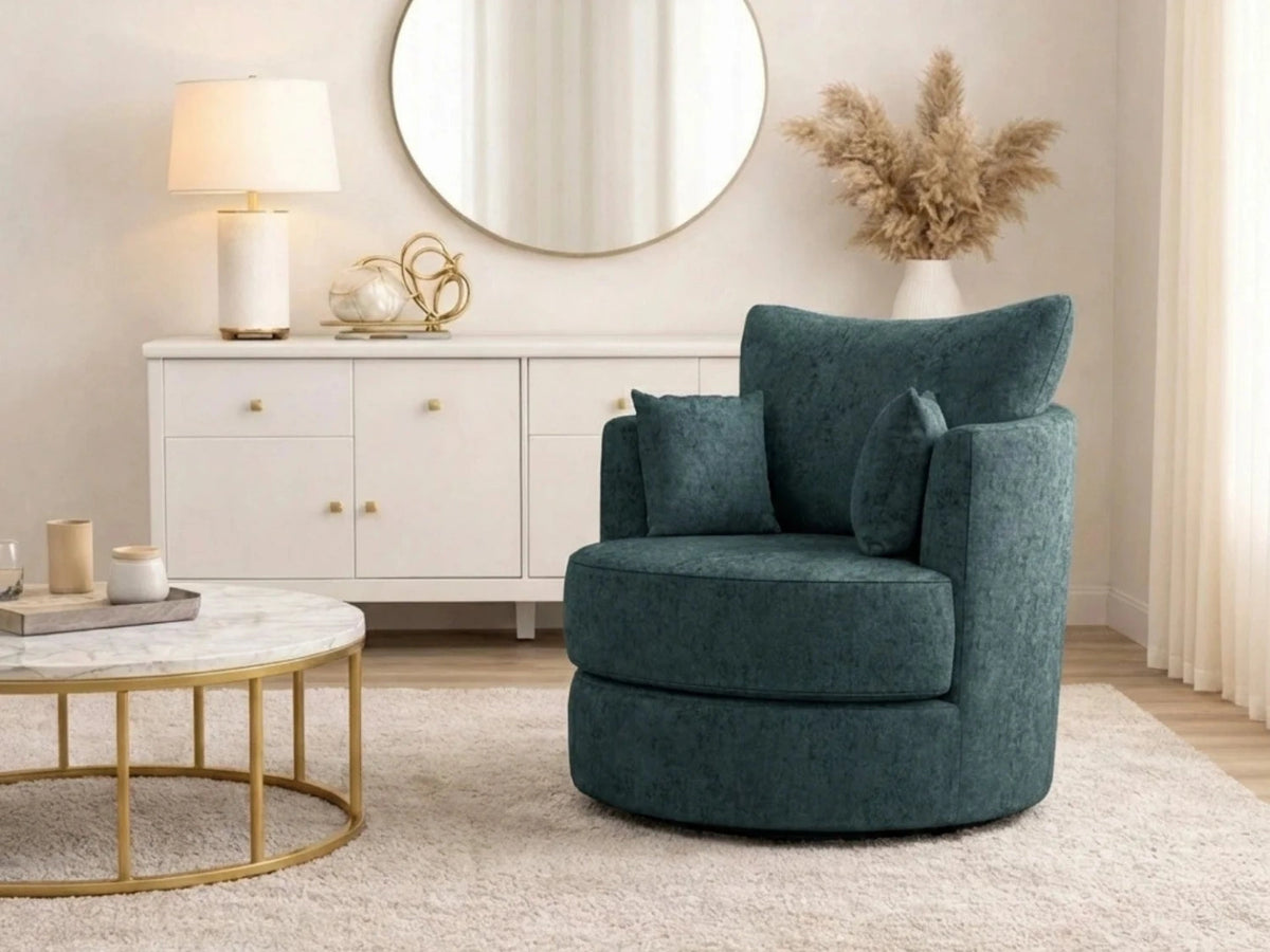 Gamzo Outlet Alaska fabric swivel chair in teal, showcasing a comfortable, modern design with a rounded back and cushioned seat.