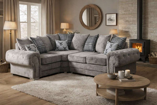 Verona Scatter Back L-Shaped sofa by Gamzo Outlet with plush cushions and modern design, shown in a living room setting.