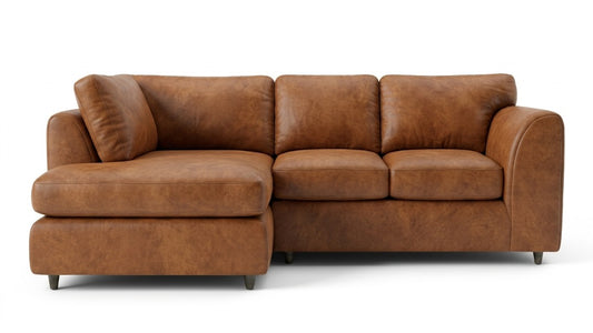 Oakland L-shaped leather sofa by Gamzo Outlet, showing the full back view with brown leather upholstery and modern design.