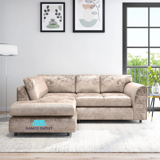 Crushed Velvet Full Back L Shape Sofa - Gamzo Outlet