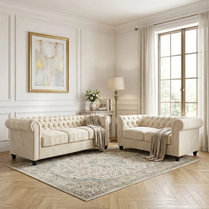 Luxurious plush velvet fabric sofa set from Gamzo Outlet, featuring a classic Chesterfield design with button-tufted detailing.