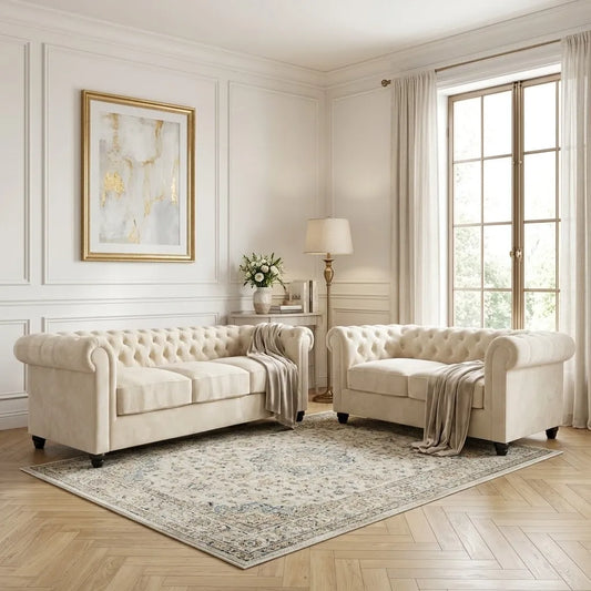 Chesterfield Plush Velvet Fabric Sofa Set