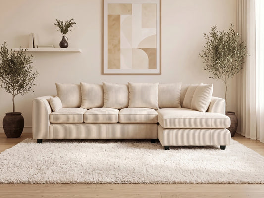 Cream XL Jumbo Cord L-shape scatter back sofa by Gamzo Outlet, right-hand configuration with plush cushions and modern design.