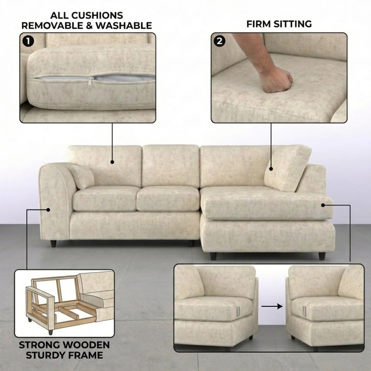 Cream Alaska L-Shaped Sofa with full back support from Gamzo Outlet, featuring plush cushions and modern design.