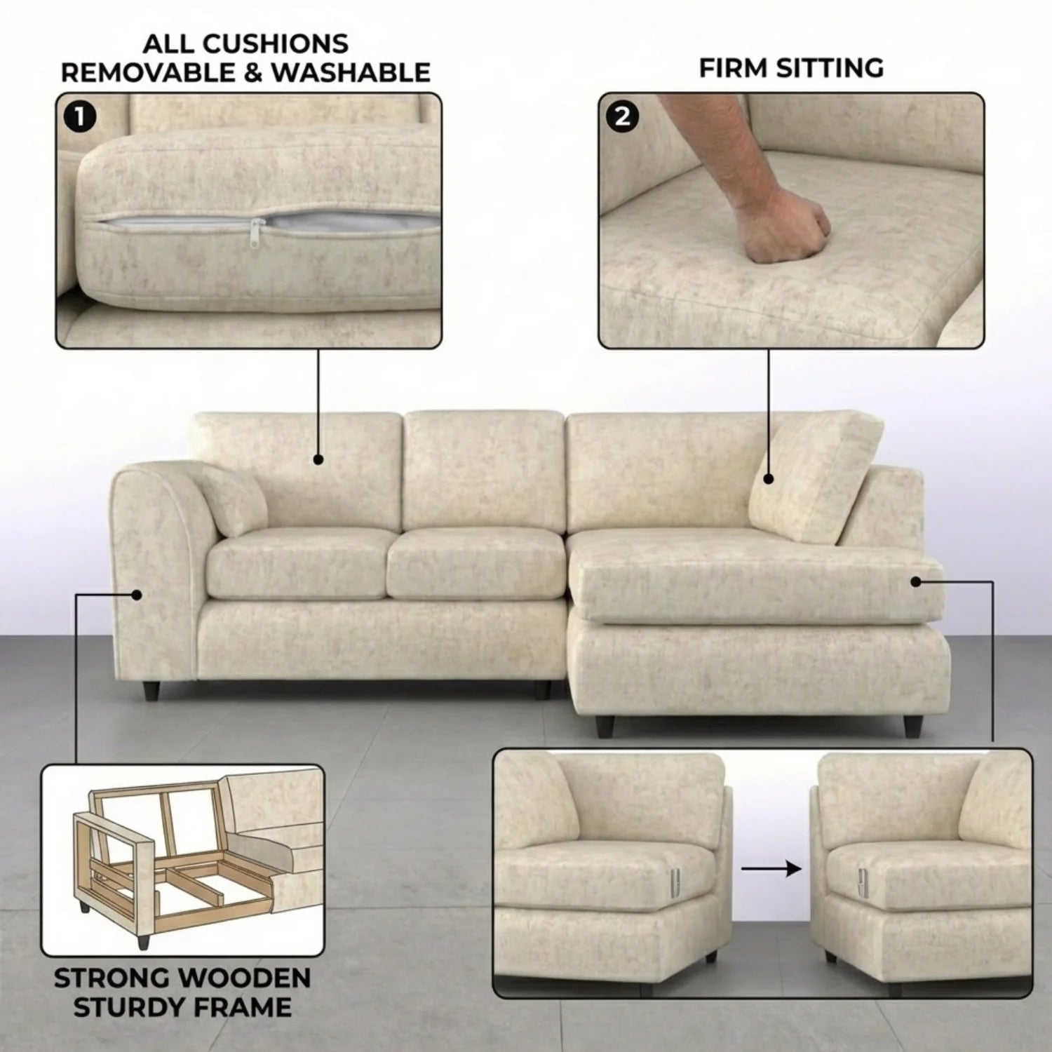 Cream Alaska L-Shaped Sofa with full back support from Gamzo Outlet, featuring plush cushions and modern design.