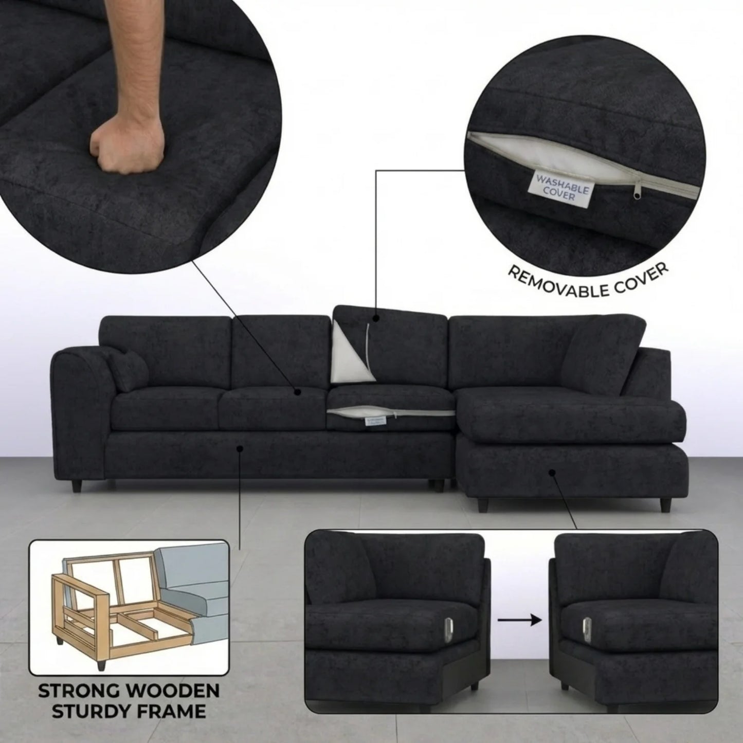 Black Alaska Full Back X L-Shape Sofa by Gamzo Outlet featuring a spacious, modern sectional design with plush cushions.