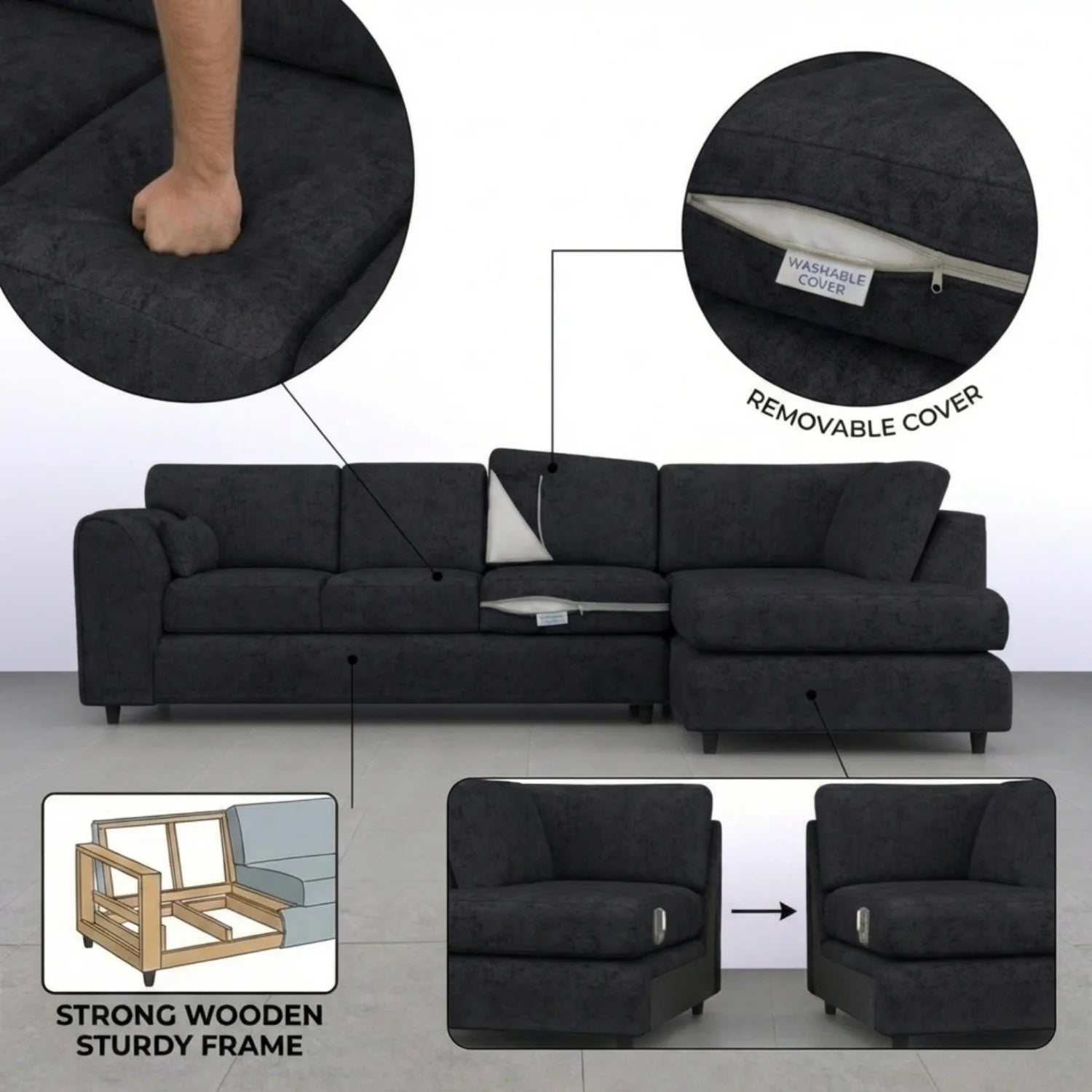 Black Alaska Full Back X L-Shape Sofa by Gamzo Outlet featuring a spacious, modern sectional design with plush cushions.