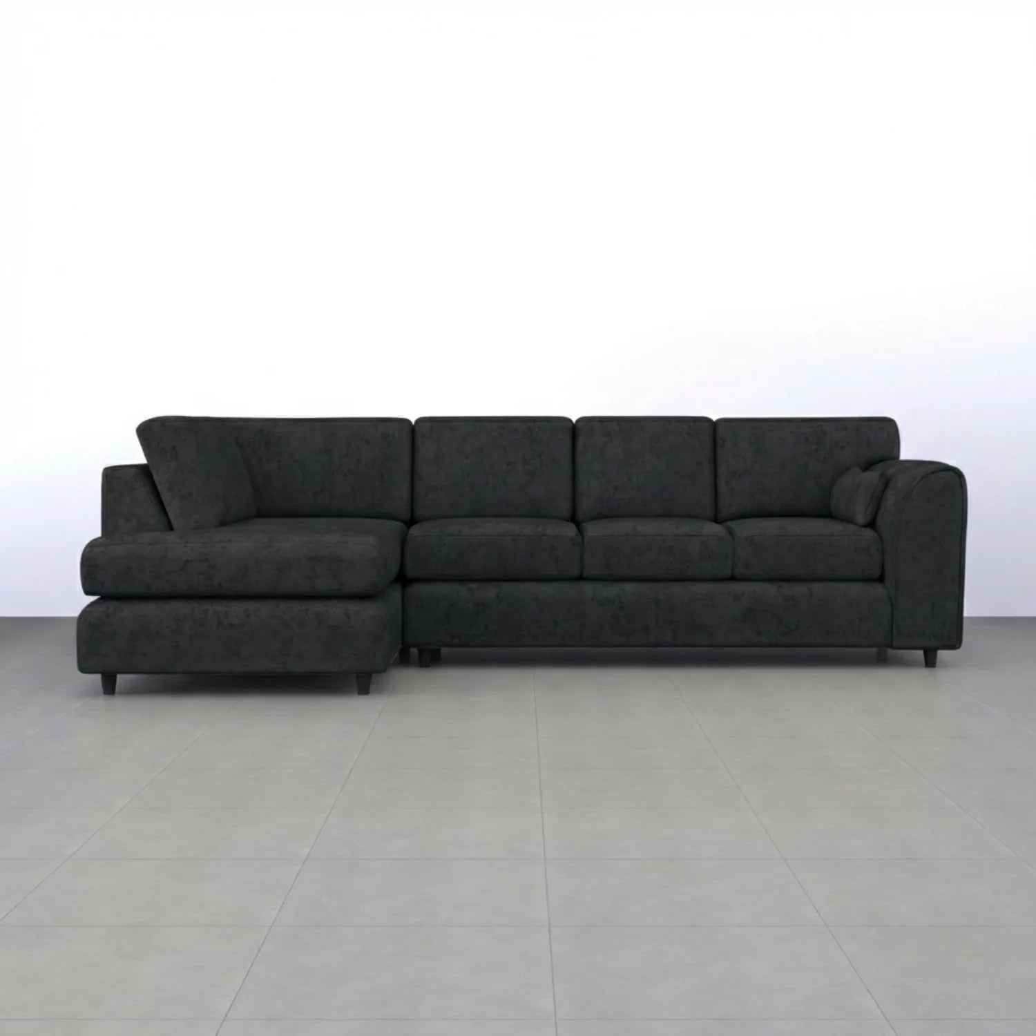 Black Alaska Full Back X L-shape sofa by Gamzo Outlet with plush cushions and modern design, shown in a spacious living room setting.