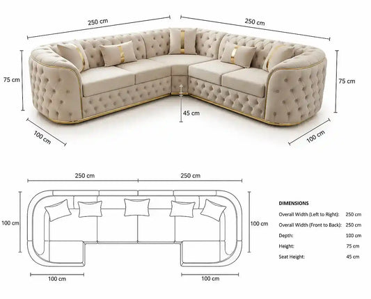 Gamzo Outlet Chesterfield corner sofa with gold-trim metal accents, fabric upholstery, L-shape design, and plush seating.