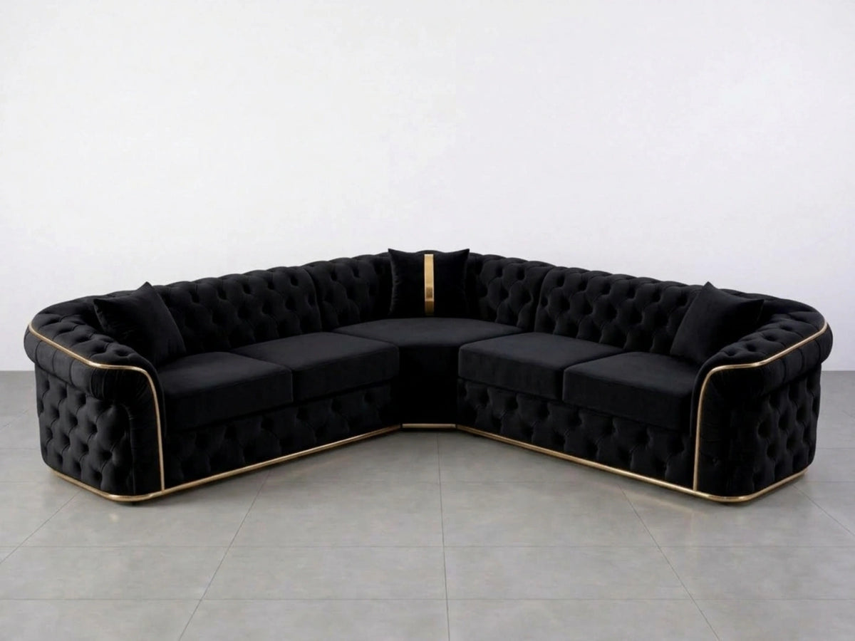 Black Chesterfield corner sofa by Gamzo Outlet, showcasing plush upholstery and classic tufted design in a modern living room setting.