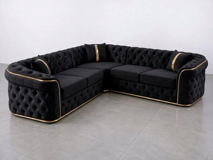 Black Chesterfield corner sofa by Gamzo Outlet, showcasing plush upholstery and classic tufted design in a spacious living room setting.