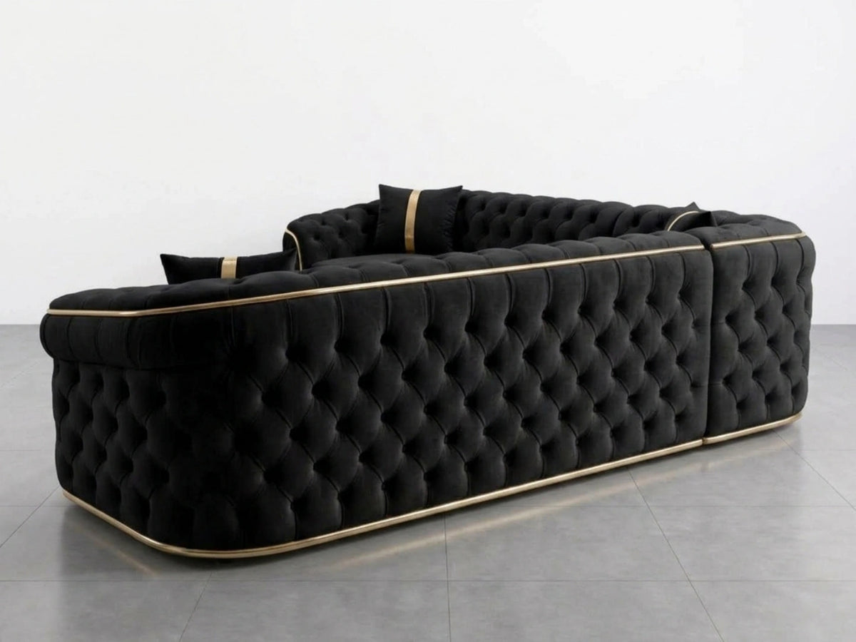 Black Chesterfield corner sofa by Gamzo Outlet with tufted upholstery and classic rolled arms, designed for stylish living rooms.