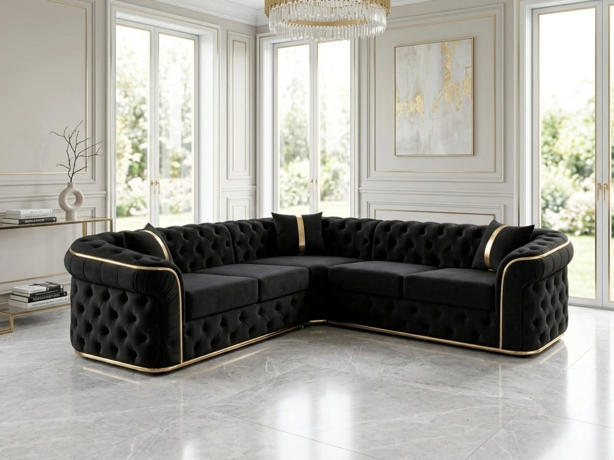 Black Chesterfield corner sofa by Gamzo Outlet, featuring tufted upholstery and plush seating in a stylish living room setting.