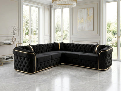 Black Chesterfield corner sofa by Gamzo Outlet, featuring tufted upholstery and plush seating in a stylish living room setting.