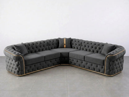 Dark grey Chesterfield corner sofa by Gamzo Outlet, showing plush upholstery and elegant rolled arms in a spacious living room setting.