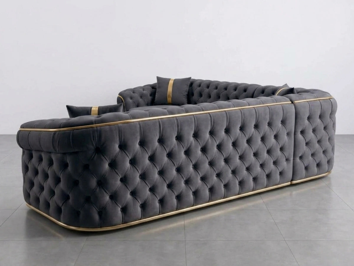 Dark grey Chesterfield corner sofa by Gamzo Outlet, showing plush tufted upholstery and spacious L-shaped design.