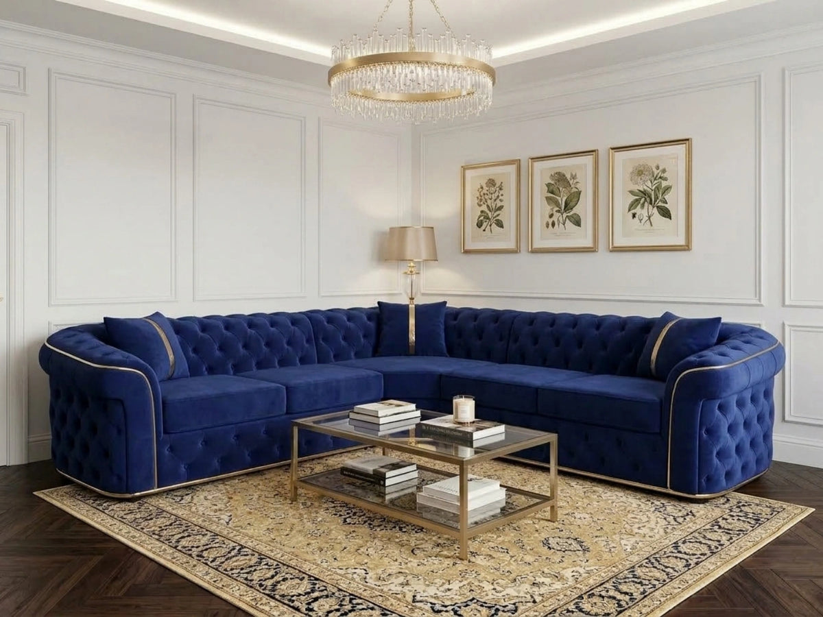 Midnight blue Chesterfield corner sofa by Gamzo Outlet with tufted upholstery and plush seating in a stylish living room setting
