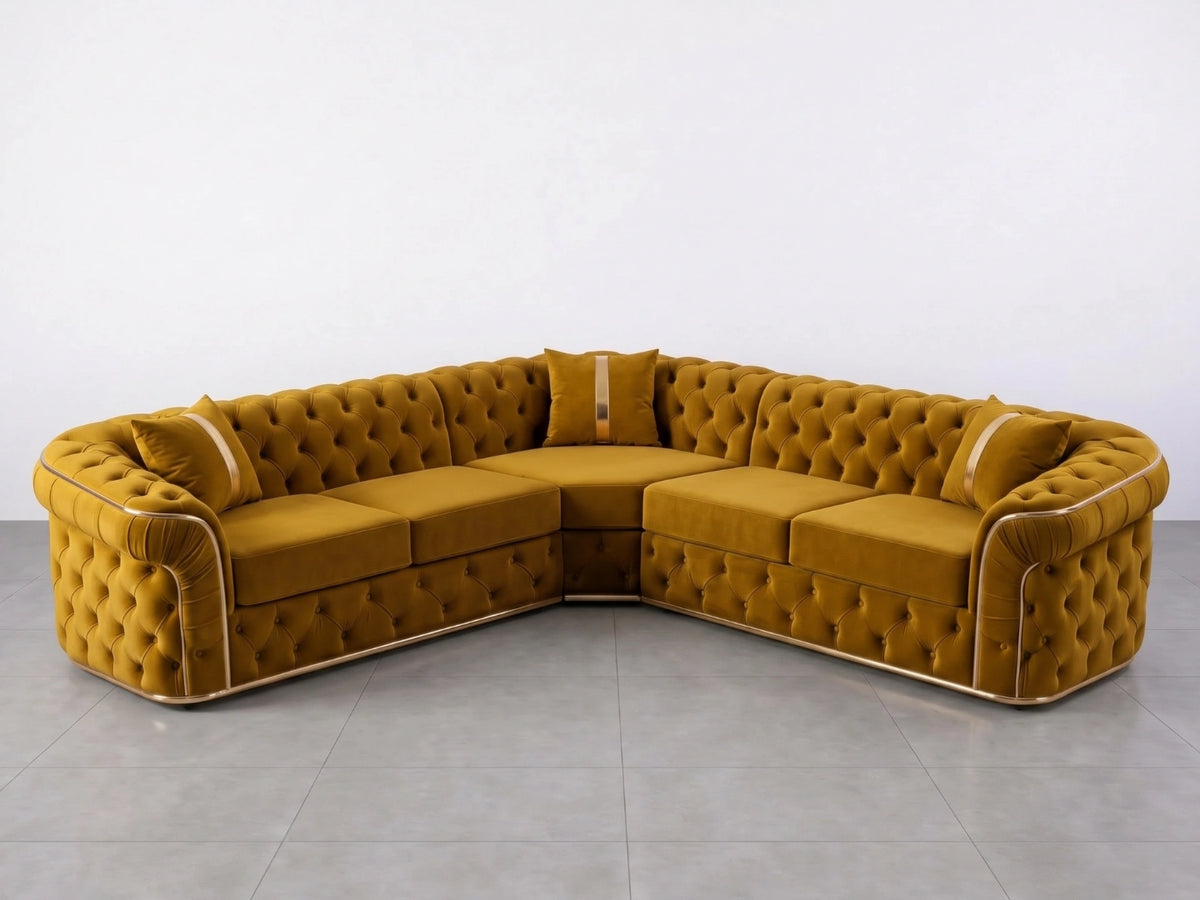 Mustard Chesterfield corner sofa by Gamzo Outlet with tufted upholstery and plush cushions, ideal for stylish living room seating.