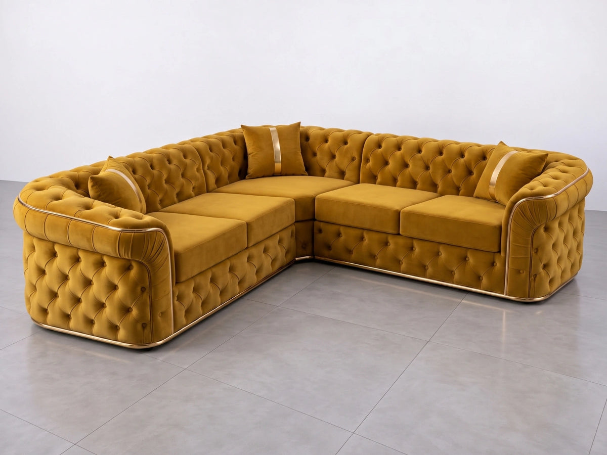 Gamzo Outlet Chesterfield corner sofa in mustard fabric with tufted design and plush cushions, perfect for a stylish living room.