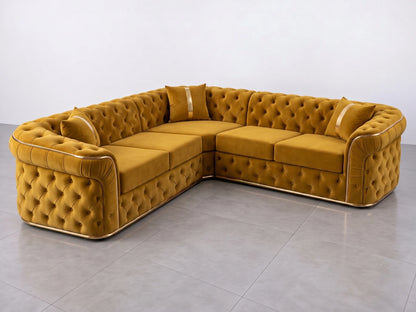 Gamzo Outlet Chesterfield corner sofa in mustard fabric with tufted design and plush cushions, perfect for a stylish living room.