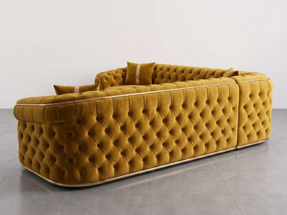 Mustard Chesterfield corner sofa by Gamzo Outlet with tufted upholstery and wooden legs, shown in a stylish living room setting.