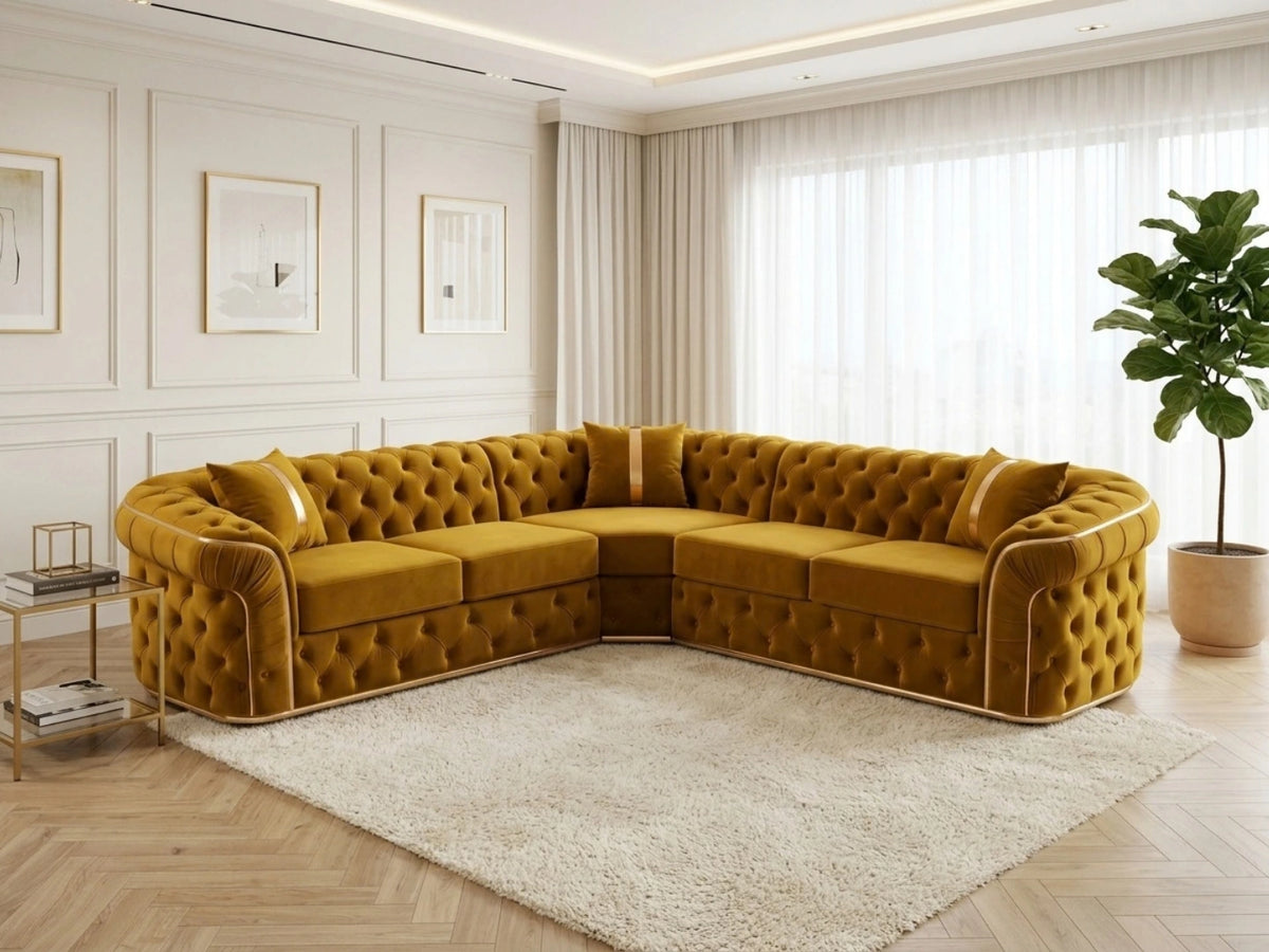 Gamzo Outlet Chesterfield corner sofa in mustard upholstery, showcasing plush cushions and elegant armrest design.
