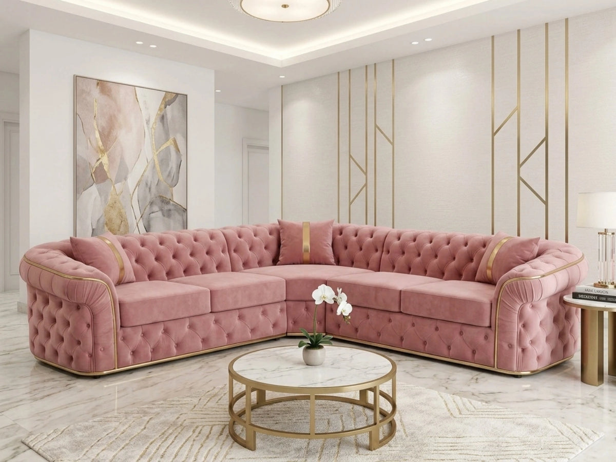 Pink Chesterfield corner sofa by Gamzo Outlet, showing plush upholstery and stylish corner design in a modern living room setting.